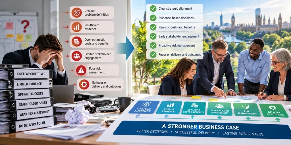 public sector business case process showing how strategy, evidence, costs, stakeholder engagement and risk management support successful delivery