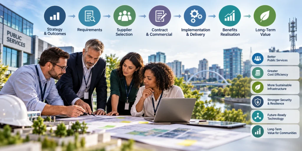 public sector procurement lifecycle from strategy and requirements through supplier selection, implementation, benefits realisation and long-term value